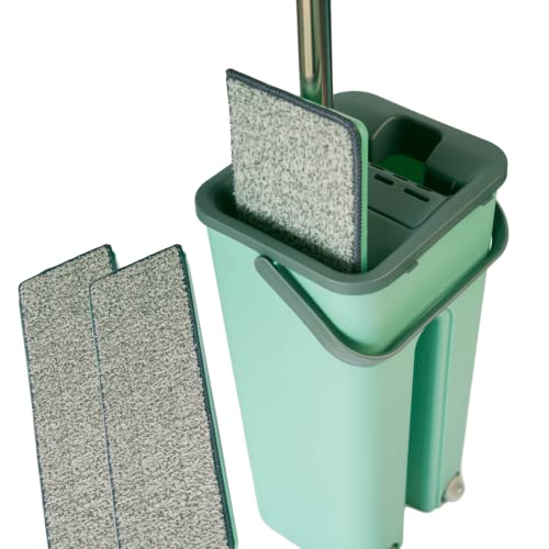 Mopa Fregona Cubo para Limpiar Suelos con 2 Almohadillas Absorbentes Escurridor Mop Secado Suelos Laminados Madera Tarima Parqué Azulejos Limpieza Hogar