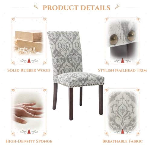 Image of Parsons Dining Chairs Set of 4, Upholstered Nailhead Dining Room Kitchen Side Chair with Thick Cushions and Wood Legs, White /Grey