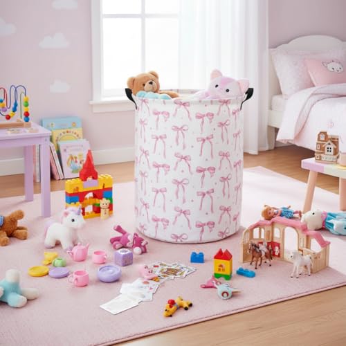 Image of Baby Laundry Basket Kids Hamper Toy Storage Bin for Boys Room Decor Baby Nursery Hamper Gift Baskets for Bedroom Bathroom(Dot Bowknot)