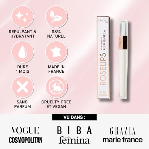 ROSEGOLD ROSELIPS Baume Nourrissant Repulpant à l'acide hyaluronique pour Lèvres, Soin Levres Pulpeuses et Hydratées - 98% Naturel Fabriqué en France - Sans hormone sans parfum - Vegan (Cure 1 Mois) – Image 6