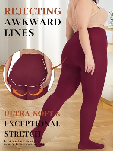 Image of Plus Size Opaque Tights for Women 240D Soft Solid Color Footed High Waist Control Top Pantyhose