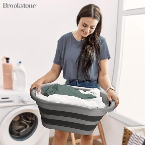 Image of BROOKSTONE Collapsible Laundry Basket Set, Modern Medium Collapsible Basket Set, Comfort Non-Slip Grip Handles, Minimalist Space Saving Design, Portable Pop-Up Hamper, BPA FREE, Dark Grey, 2 PACK