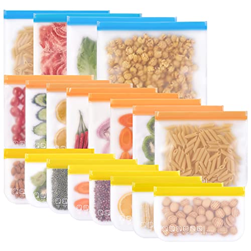 Reusable Food Storage Bags- 20 Pack BPA FREE Flat Freezer Bags (4 Reusable Gallon Bags & 8 Leakproof Reusable Sandwich Bags & 8 Small Kids Snack Bags) for Meat Veggies Fruit