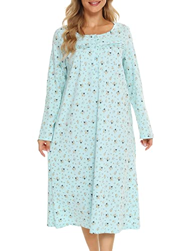 Image of Bloggerlove Nightgowns for Women 100% Soft Cotton House Dress | 100 Full Cotton, Button Neck, Knee Length, Lace Trim Floral, Breathable, Skin-frieend, Loose Fit, Comfy Sleepwear
