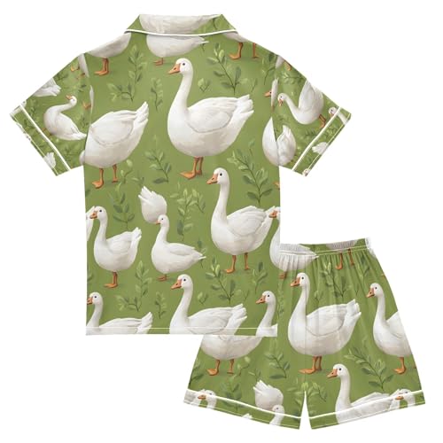 senya Geese in Grass Flower A Satin Summer Pajama Sets Silk Short Sleeve Button Down Sleepwear2