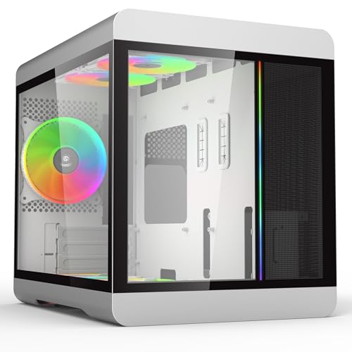 iONZ KZ-36T Arc PC Gaming, Office M-ATX Case, Tempered Glass - Front I/O USB Type-C with Anodised Aluminium | Dual Chamber with 3 ARGB PWM Fans - Silver