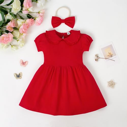 LYSMuch 18M-5T Toddler Girls Short Sleeve Dresses Peter Pan Collared Dress Solid Color Puff Playwear Outfit with Headband2