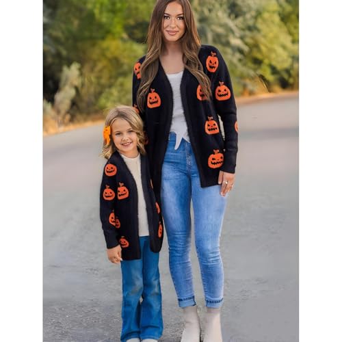 Mommy and Me Halloween Fall Outfit Pumpkin Spooky Embroidery Long Sleeve Open Front Knit Cardigan Sweater Top3