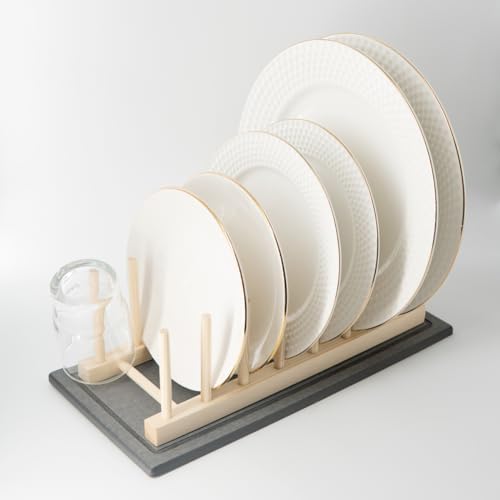BekPooQ Stone Dish Drying Mat with Wooden Plate Rack for Kitchen Counter, Super