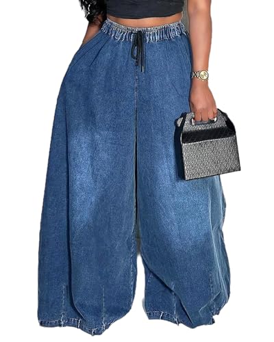 Women's Drawstring Wide Leg Jeans Elastic Waisted Loose Fit Patchwork Denim Pants