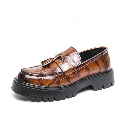 Men's Leather Printed Platform Slip-On Penny Loafers Fashion Round Toe Metal Decoration Non-Slip Lug Sole Business Dress Shoes for Driving Office