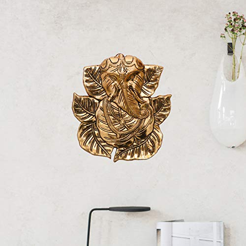 Image of Collectible India Ganesha Metal Wall Hanging Statue Idol Ganesh Gold Finish Sculpture - Fengshui Vastu Good Luck Diwali Decoration Item (Size 8.5 x 7.5 Inches)