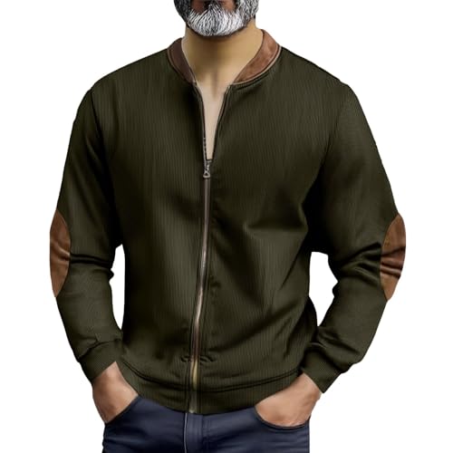 Mens Full Zip Stand Collar Sweatshirt Corduroy Vintage Pullover with Distressed Elbow Patches Utility Style Shirts