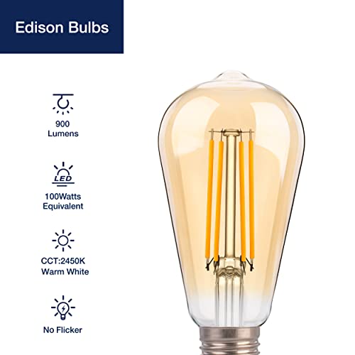 Flsnt Led Edison Bulbs 100W Equivalent, St19 Dimmable Vintage Led Light Bulbs, 2450K Warm White, 8W, 900Lm, E26 Base, Amber Glass, 6 Pack #TOP1