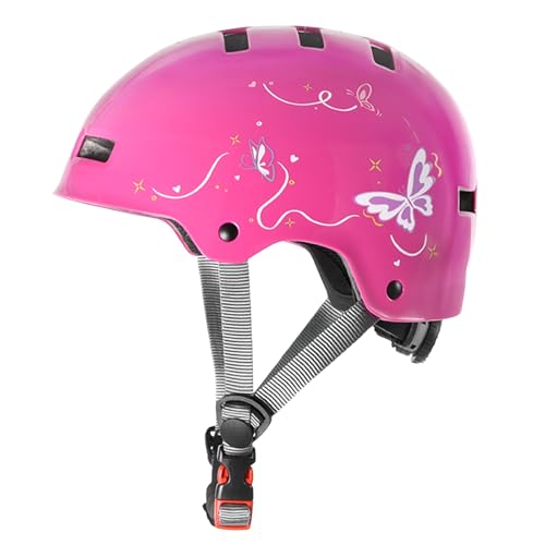 DUZSKJ Verstellbarer Kinderfahrradhelm für Mädchen, Kleinkinder und Jugendliche, Schutzhelm für Skateboard, Fahrrad, Roller, Inline-Skates und Radfahren (Rosa & Schmetterling, S)