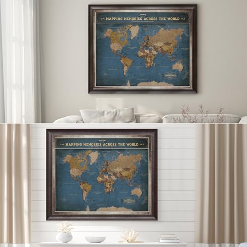 Image of DECORARTS - Personalized World Travel Map with Pins, Custom Name, Pin Board Canvas Wall Art, Modern Navy Blue World Decor, Optional Wood Frame, Giclee Print, Handcrafted in USA, 30x24''