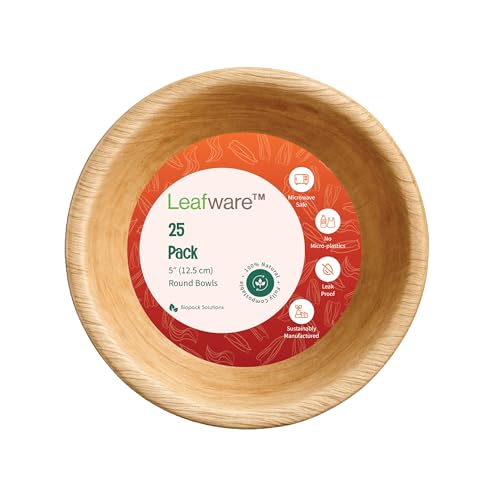 Leafware™ 25-Pack 5-Inch Areca Palm Leaf Bowls – Compostable, Leak-Proof, Eco-Friendly Disposable Bowls for Party, Catering, Soup & Salad