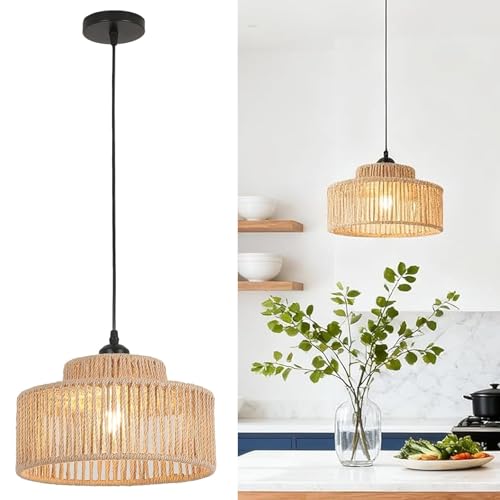 Rattan Pendant Light,11 Inch Boho Kitchen Island light Fixtures,Handmade Woven