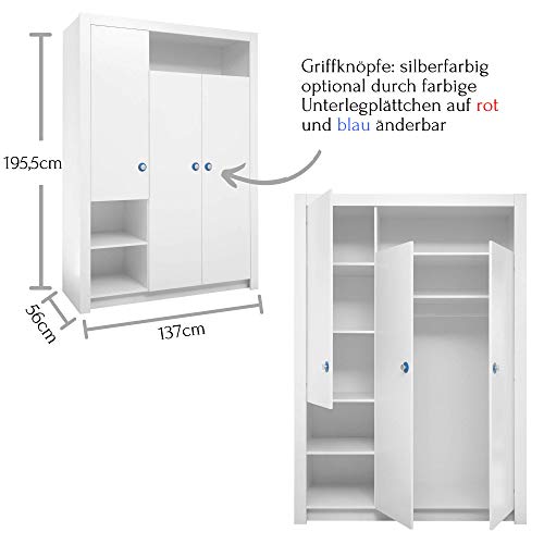 Stella Trading PAULA Eleganter Babyzimmer Kleiderschrank 3-türig - Vielseitiger Drehtürenschrank mit viel Stauraum in Weiß - 137 x 195 x 56 cm (B/H/T) - 6