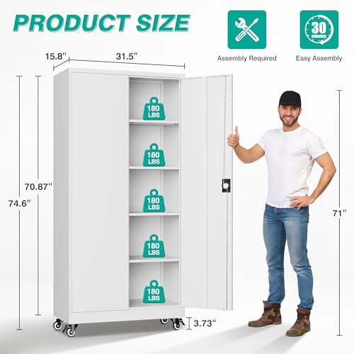 Image of SISESOL 75 inch Tall Metal Storage Cabinet with Wheels,Rolling Garage Storage Cabinet with Lock,White Metal Cabinets with Wheels and Shelves,Tool Cabinets on Roller for Garage,Home,Office,Shop
