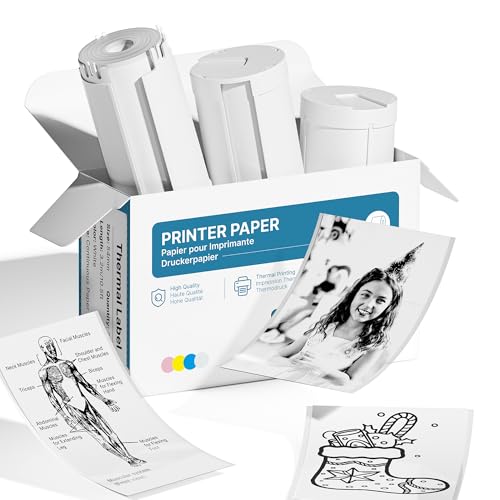 TYPONOS Original selbstklebende Thermo-Etiketten, kompatibel mit PM290 Mini Aufkleber Drucker, 54mm x 3,2m Mini Drucker Papier für Tagebuch, Studium, Fotos, Notizen, 3 Rollen, White