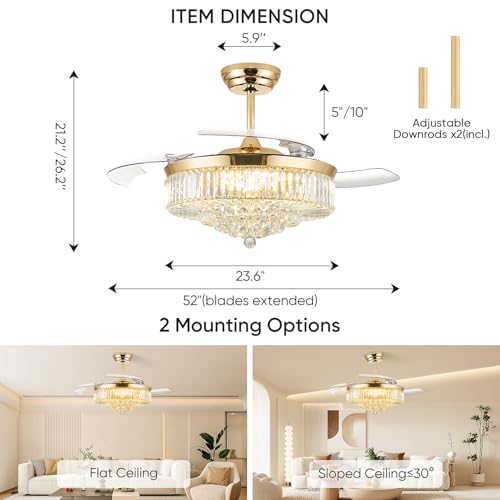Image of 52'' Crystal Fandelier Ceiling Fan with Light, Gold