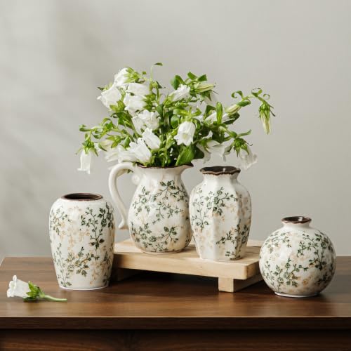 Image of Green Vintage Vase, Chinoiserie Floral Vase, Retro Ice Cracked Ceramic Large Vases for Home Decor, Living Room, Bookshelf, Office, Grand Millennial Decors (20-Green and Beige)