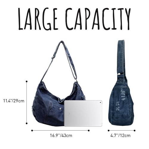 Image of Denim Shoulder Bag for Women,Canvas Tote Messenger Bag with Zipper,Large Casual Crossbody Hobo Handbag Denim Purse