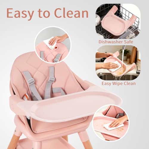 Image of 6 in 1 Baby High Chair, Convertible High Chairs,Pink | Easy Clean Baby Feeding Chair for Babies and Toddlers,5-Point Harness, Double Removable Tray & Reversible Footrest