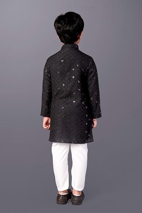 Image of Valaki Kurta Pajama Set for Boys Cotton Blend Mirror Work Embroidery Kurta Pyjama for Boys