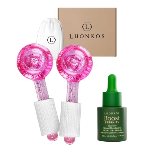 LUONKOS Ice Globes for Face + Eternity Facial Serum Bundle – Skincare Glass Gua Sha Facial Tools (Set of 2) Paired with Oil-Based Face Serum with Squalane & Sea Buckthorn for All Skin Types (20ml)