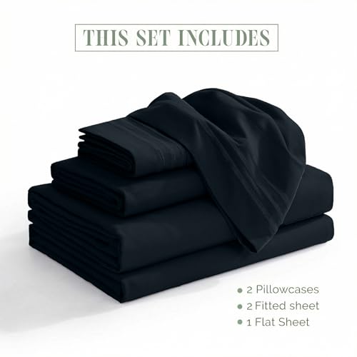 Image of Elegant Comfort Luxurious 1500 Premium Hotel Quality Microfiber Three Line Embroidered Softest 5-Piece Bed Sheet Set, Wrinkle and Fade Resistant, Split King, Black