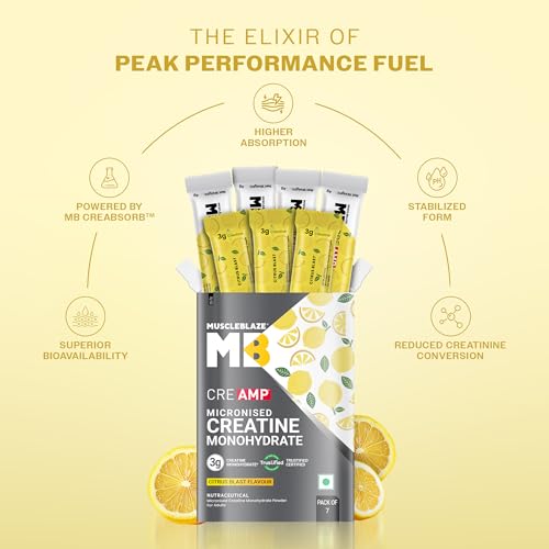 Image of MuscleBlaze Micronised Creatine Monohydrate CreAMP Powder, 7 Sachets | Citrus Blast | Trustified Certified Creatine
