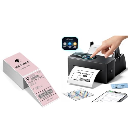 Image of Phomemo PM64Air AirPrint Thermal Label Printer with Touch Screen Shipping Address Label (Pack of 250 4x6 Fanfold Labels), Wireless Wi-Fi Shipping Label Printer for Small Business&