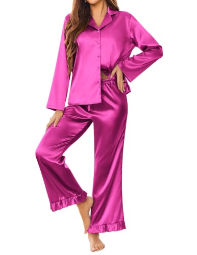 Ekouaer Silk Satin Pajamas Set Womens Long Sleepwear Button Down 2 Piece Classic Soft Loungewear Pjs Set Rose Small