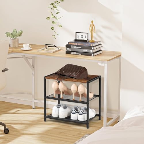Image of Shoe Rack Wooden Shoe Shelf Storage for Entryway, Closet, Hallway, and Bedroom, Industrial Shoe Organizer with Sturdy Metal Mesh Shelves (Black)