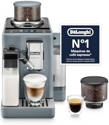 De'Longhi Rivelia Superautomatic Coffee Maker, LatteCrema Automatic Milk Jug, 16 One-Touch Drinks, Touch Screen, Interchangeable Coffee Bean Tanks, Grey (EXAM440.55.G)