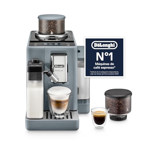 De'Longhi Rivelia EXAM440.55.G, Cafetera Superautomática con LatteCrema Hot, Espumador de Leche Automático, Tamaño Compacto, 16 Recetas, Pantalla Táctil a Color, Gris