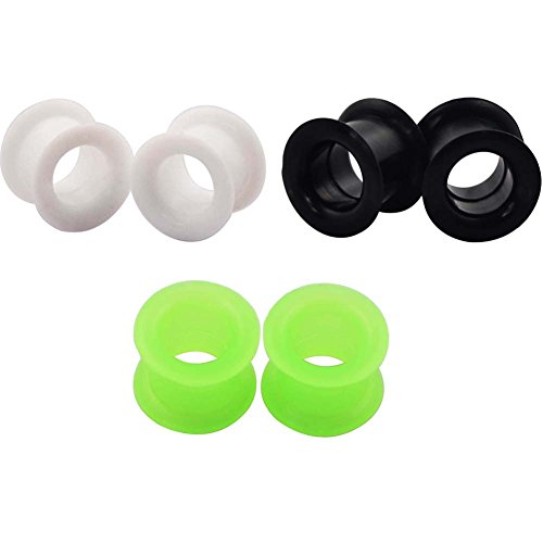 Longbeauty 3 Paar Flesh Tunnel aus Silikon Ohr Piercing Plug Stöpsel Extra Weich und Flexibel Tunnel Plugs Schwarz Weiss Grün 8mm Cover