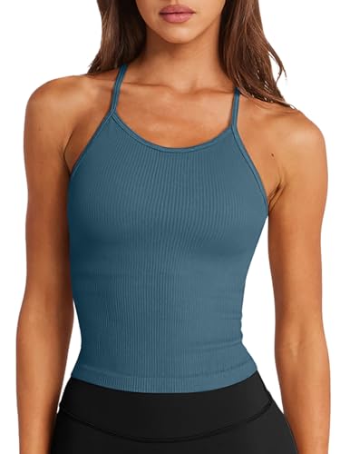 Image of LASLULU Womens Sports Bra Seamless Long Tank Spaghetti Strap Workout Bra
