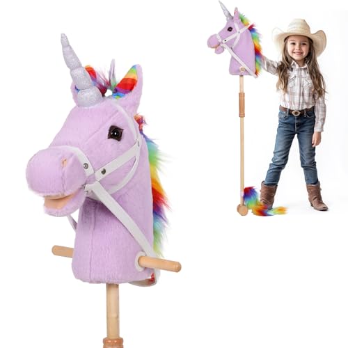 Image of PLYFOU Plush Stick Horse with Wood Wheels Real Pony Neighing and Galloping Sounds Toy, Horse on A Stick for Toddlers & Preschoolers (AA Batteries Required)
