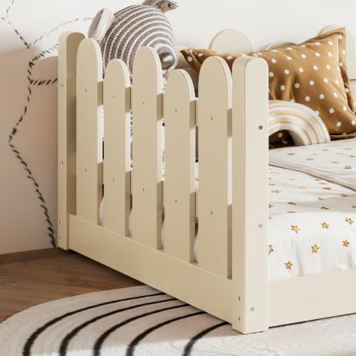 Image of Bellemave Twin Size Kids Montessori Floor Bed,Floor Bed Frame with Rounded Safety Guardrail,Solid Wood Montessori Bed for Girls Boys,Beige