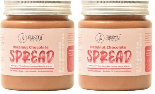 Image of Flyberry Gourmet Hazelnut Chocolate Spread | 34% Hazelnut & 23% Almond | No Palm Oil & Refined Sugar | 100% Natural Ingredients | No Added Preservatives | Easy To Spread on Bread, Paratha | 500 g