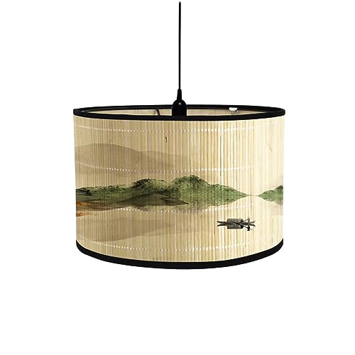 Pantallas de Lámpara Colgante de Techo Modernas Forma de Tambor, Patrón de Paisaje Pantalla de Lámpara de Pie Y Mesa para Dormitorio, Sala de Estar, Cocina, Pasillo, Salón (Montañas Y Ríos 4)
