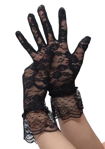 ATHX Women's Lace Floral Opera Tea Party Gloves 80s Wrist Length Bridal Wedding Prom Gloves Costume Accessories (Black, One Size)