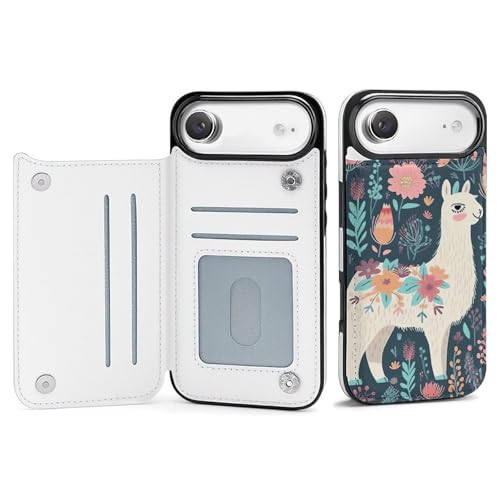 Étui portefeuille iPhone 17 antichoc mince avec fentes cartes motif lama floral