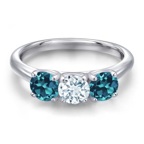 Gem Stone King 925 Sterling Silver Sky Blue Aquamarine and London Blue Topaz 3-Stone Engagement Ring For Women | 1.90 Cttw | Round 5MM | Gemstone March Birthstone | Available in Size 5,6,7,8,93
