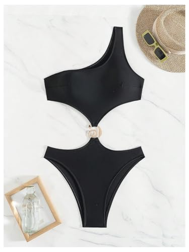 OYOANGLE Women's One Piece Swimsuit Ring Linked One Shoulder Cut Out Bathing Suits Monokinis4