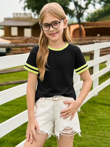 Image of Haloumoning Girls Short Sleeve T Shirts Kids Summer Crewneck Color Block Tops Fashion Tees 5-14 Years
