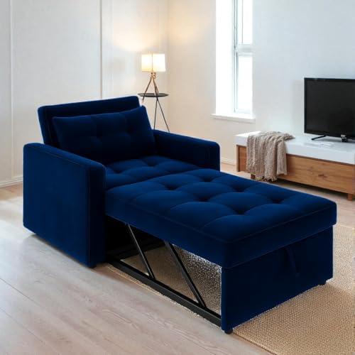 Image of FURNY Tressa 1 Seater Pull-Out Premium Fabric Sofa Cum Bed Sofa Set for Living Room (Blue Fabric)